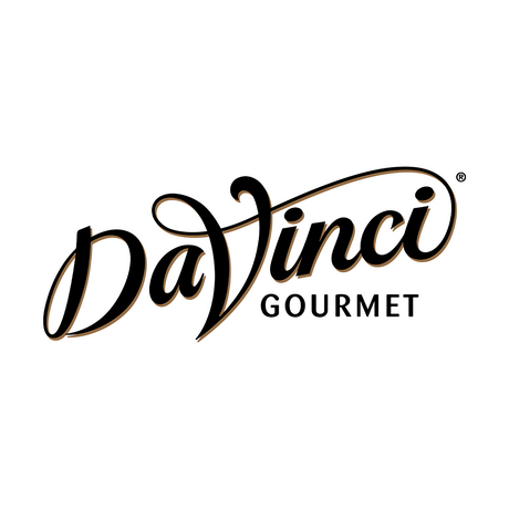 Logotipo DaVinci Gourmet, marca premium de jarabes y salsas para cafeterías, repostería y bebidas. Imagen en alta resolución ideal para negocios de café, bebidas frías y calientes, con tipografía manuscrita elegante en fondo blanco.