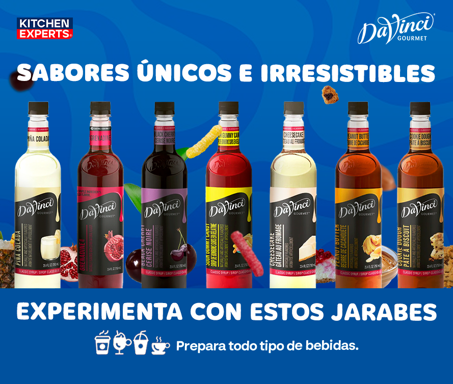 Nuevos jarabes DaVinci Gourmet en Kitchen Experts: sabores únicos como Piña Colada, Cheesecake, Cookie Dough, Black Cherry y más. ¡Ya disponibles en tienda para preparar bebidas irresistibles!