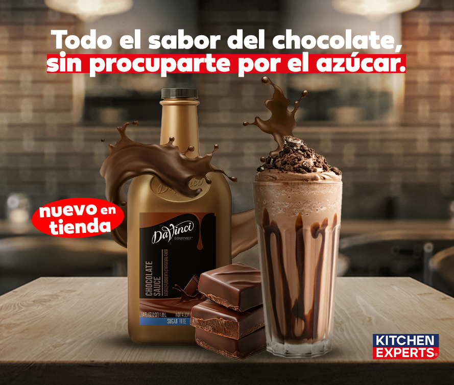 Sirope de Chocolate Sin Azúcar DaVinci® ahora disponible en Kitchen Experts. Disfruta el auténtico sabor del chocolate sin preocuparte por el azúcar. ¡Ideal para frappés, postres y bebidas gourmet!