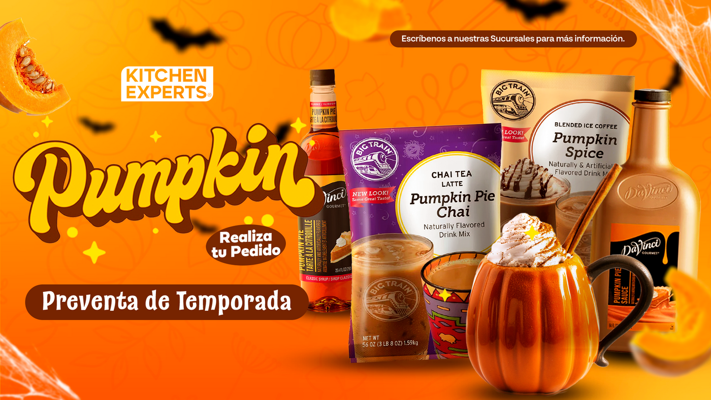 Banner promocional temporada Pumpkin con mezclas edición limitada de sabores otoñales como Pumpkin Pie Chai y Pumpkin Spice, disponibles exclusivamente en tienda.