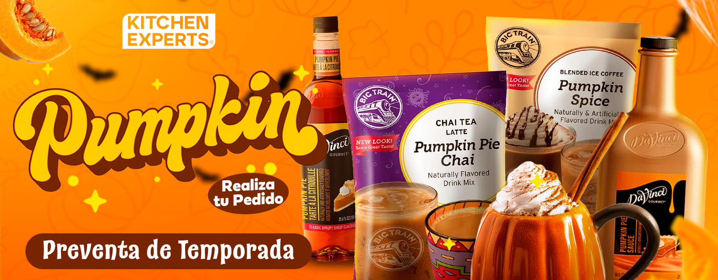 Preventa de temporada de productos Pumpkin en Kitchen Experts. Descubre Pumpkin Pie Chai, Pumpkin Spice, Pumpkin Pie Syrup y más. Haz tu pedido antes de que se agoten.