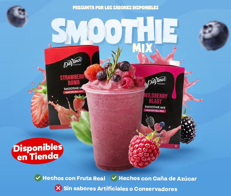 Smoothie Mix DaVinci Gourmet: elaborados con fruta real y caña de azúcar. Sin sabores artificiales ni conservadores. ¡Listos para mezclar y disfrutar! Pregunta por los sabores disponibles en tienda.