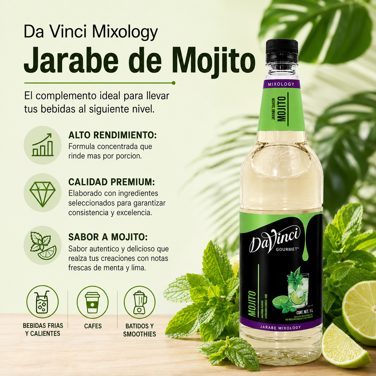 Jarabe DaVinci Mixología Mojito Botella 1 Litro