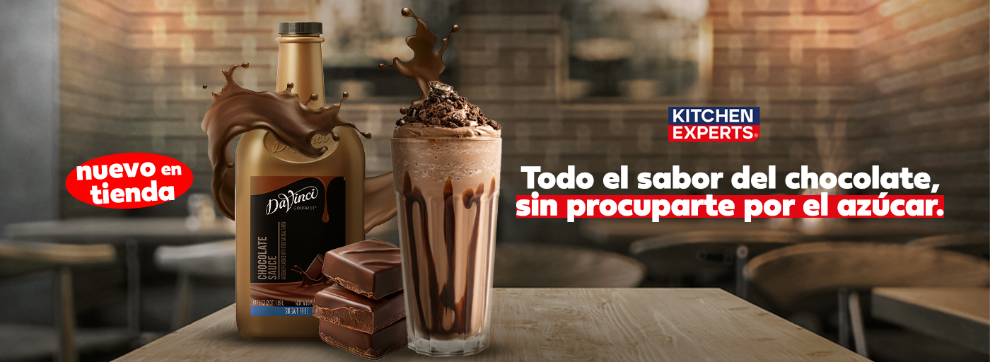 Sirope de Chocolate Sin Azúcar DaVinci® ahora disponible en Kitchen Experts. Disfruta el auténtico sabor del chocolate sin preocuparte por el azúcar. ¡Ideal para frappés, postres y bebidas gourmet!