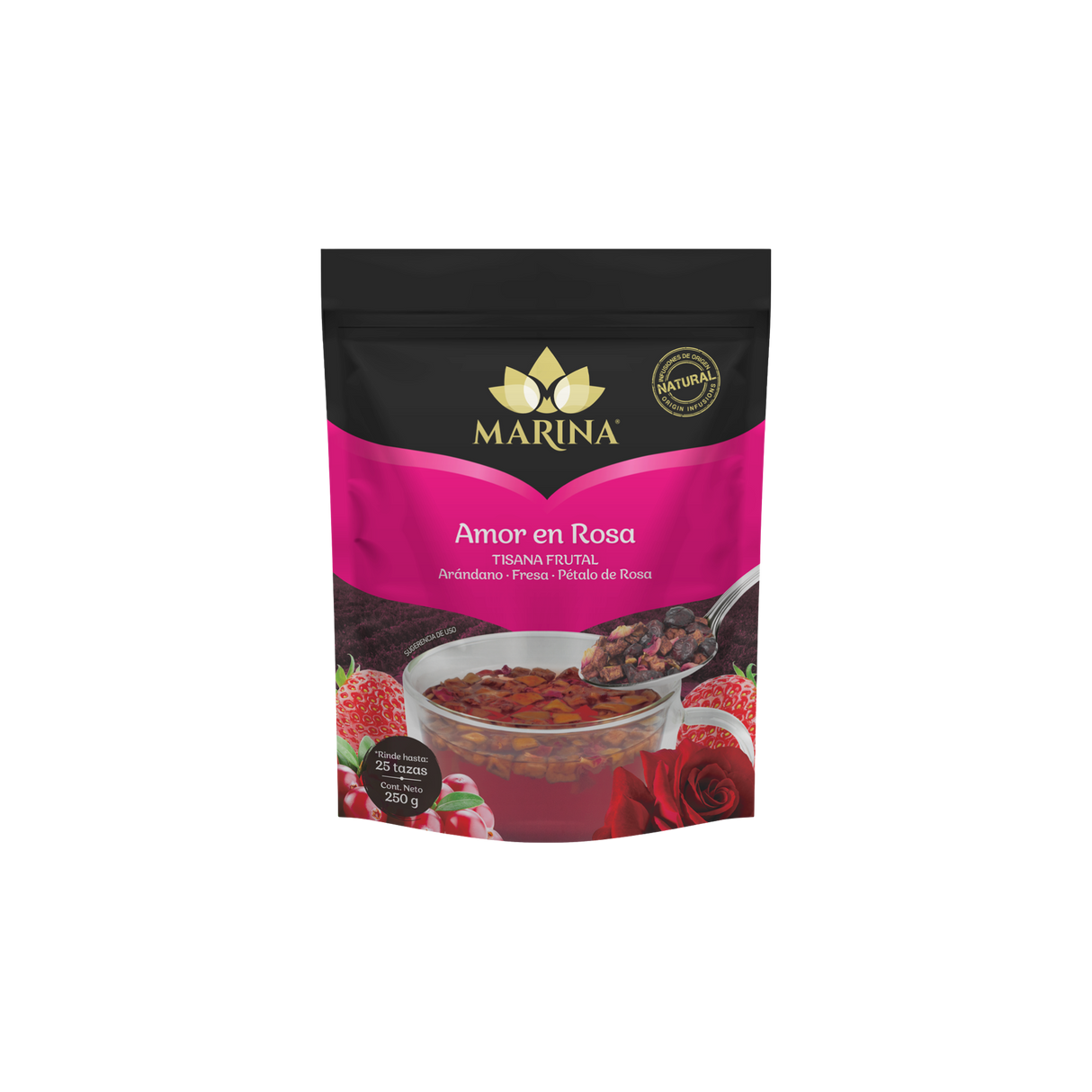 TISANA FRUTAL ARANDANO FRESA Y PETALOS AMOR EN ROSA MARINA BOLSA 250 GRAMOS