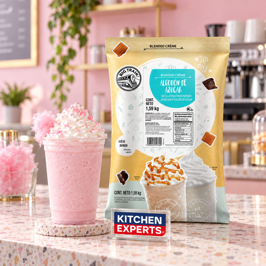 Base Big Train Algodon de Azúcar Bolsa 1.59 kg en escena con letrero central Kitchen Experts