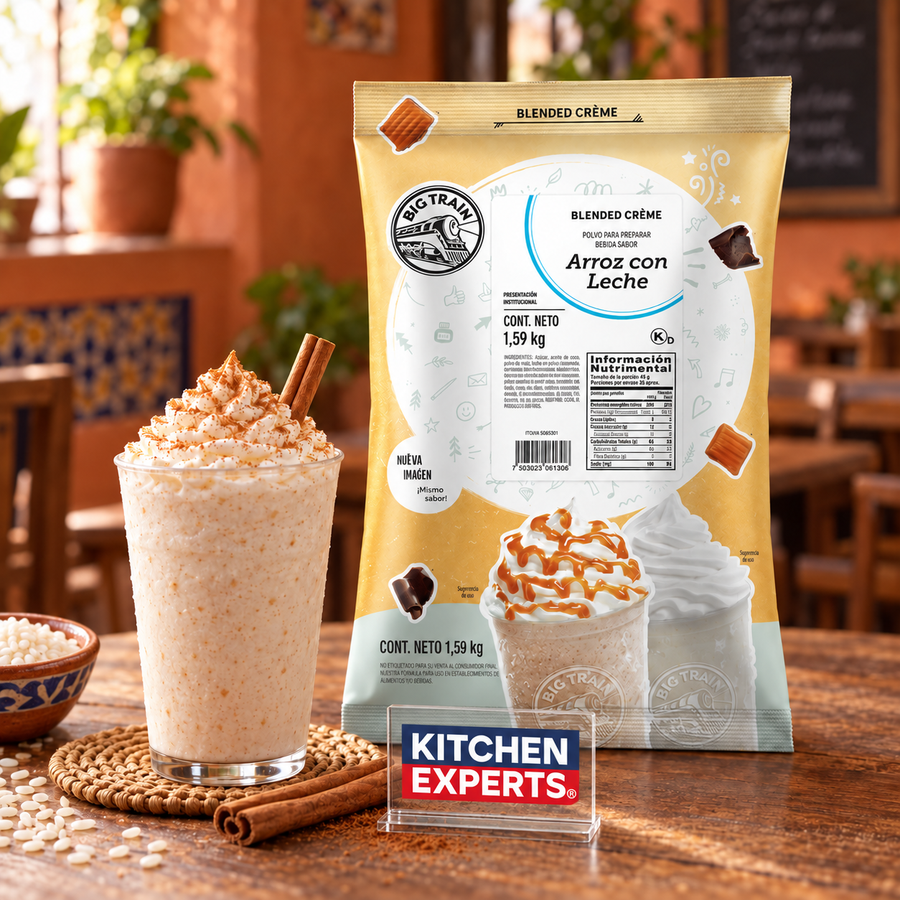 Base Big Train Arroz con Leche Bolsa 1.59 kg en escena con letrero central Kitchen Experts