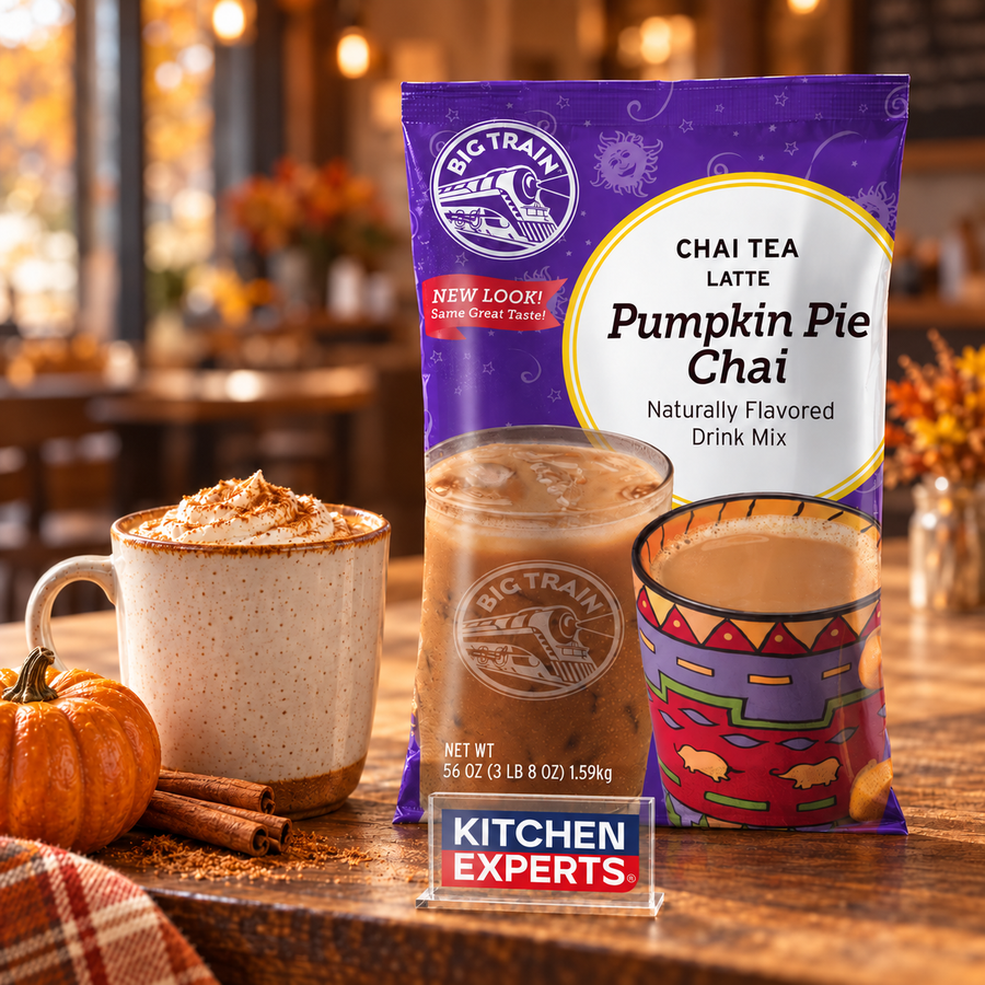 Base Big Train Chai Pumpkin Pie Calabaza Flavor Bolsa 1.59 kg en escena con letrero central Kitchen Experts