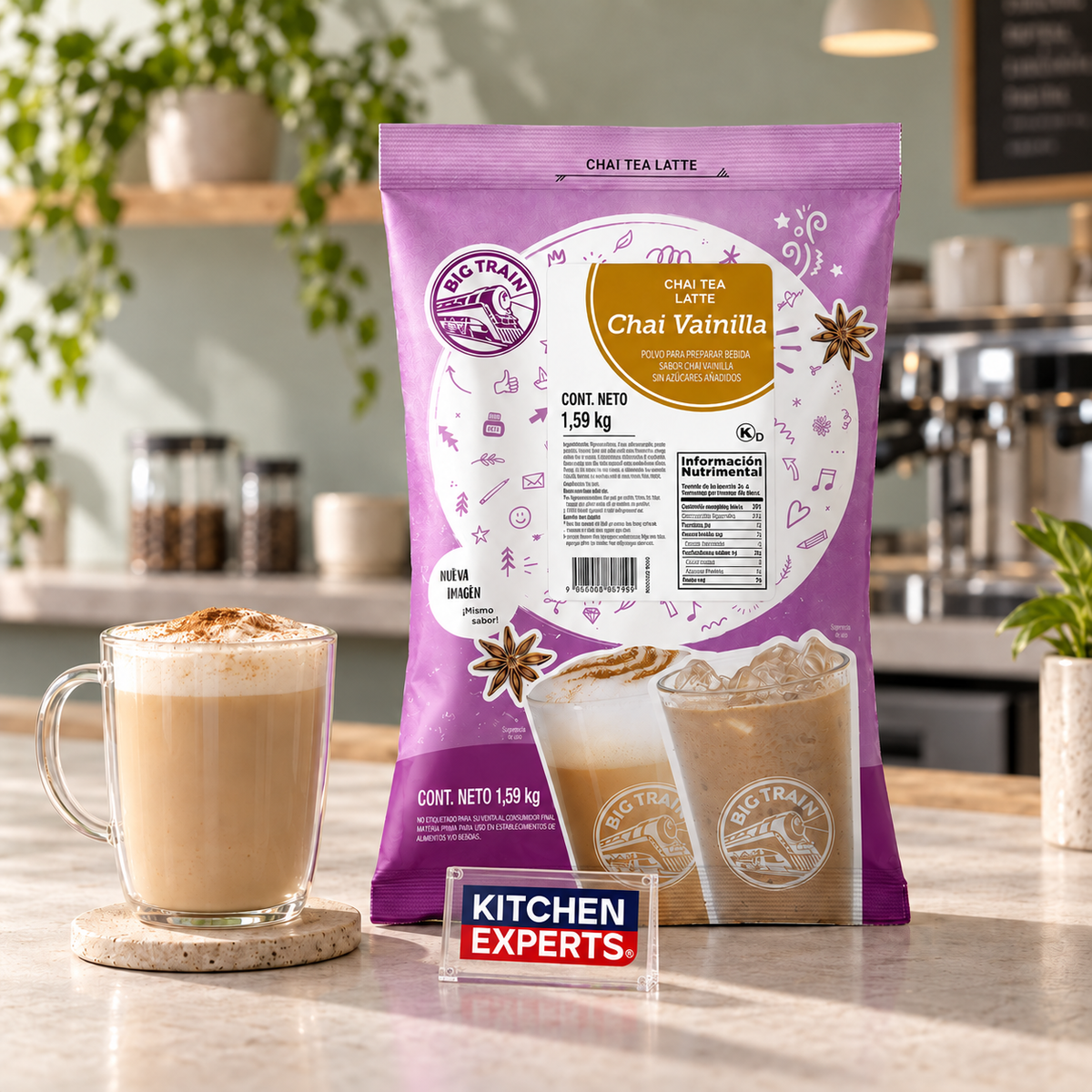 Base Big Train Chai Vainilla Sugar Free Bolsa 1590 Gramos en escena con letrero central Kitchen Experts