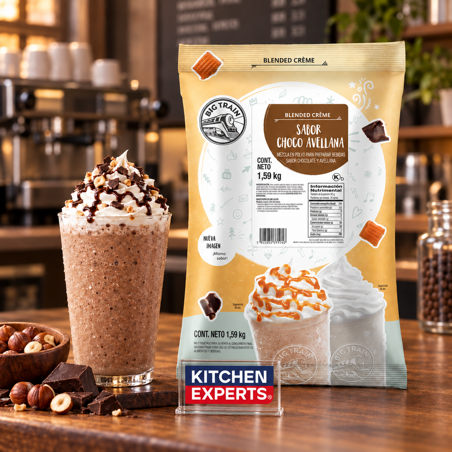 Base Big Train Chocolate Avellana Bolsa 1.59 kg en escena con letrero central Kitchen Experts