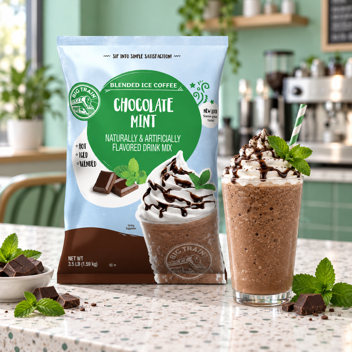 Base Big Train Chocolate Menta Bolsa 1.59 kg junto a bebida preparada en cafetería