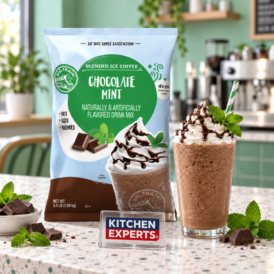 Base Big Train Chocolate Menta Bolsa 1.59 kg en escena con letrero central Kitchen Experts