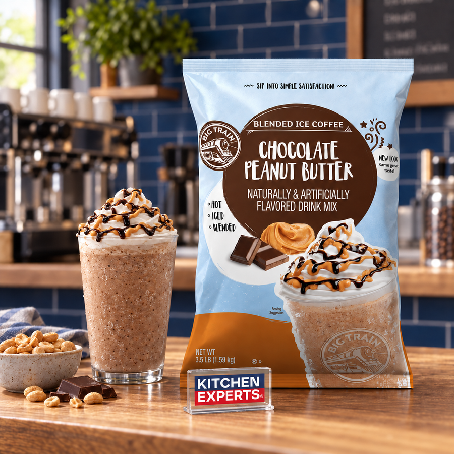 Base Big Train Chocolate Peanut Butter Bolsa 1.59 kg en escena con letrero central Kitchen Experts