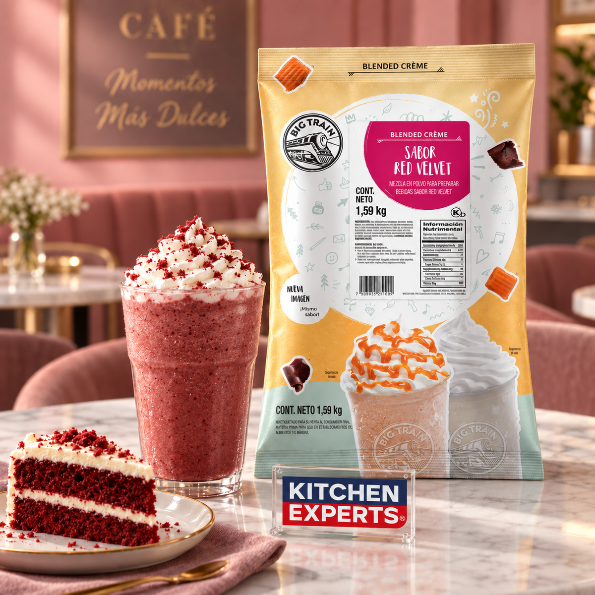 Base Big Train Red Velvet Bolsa 1.59 kg con bebida preparada y letrero Kitchen Experts integrado en la escena
