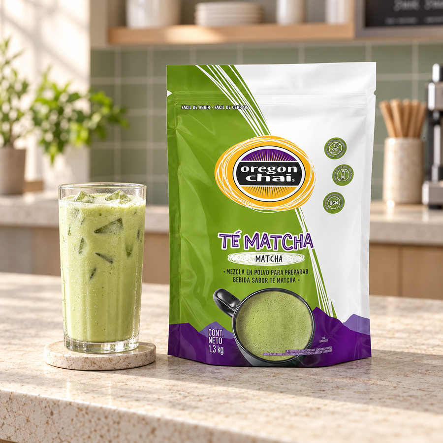 Base Oregon Chai Matcha 1300 Gramos con bebida preparada en cafetería