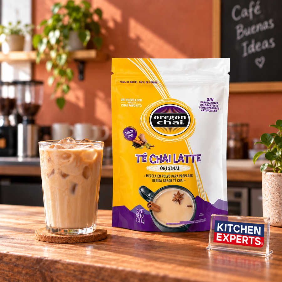 Base para Frape Oregon Chai Original 1300 Gramos con bebida preparada y letrero Kitchen Experts integrado en la escena
