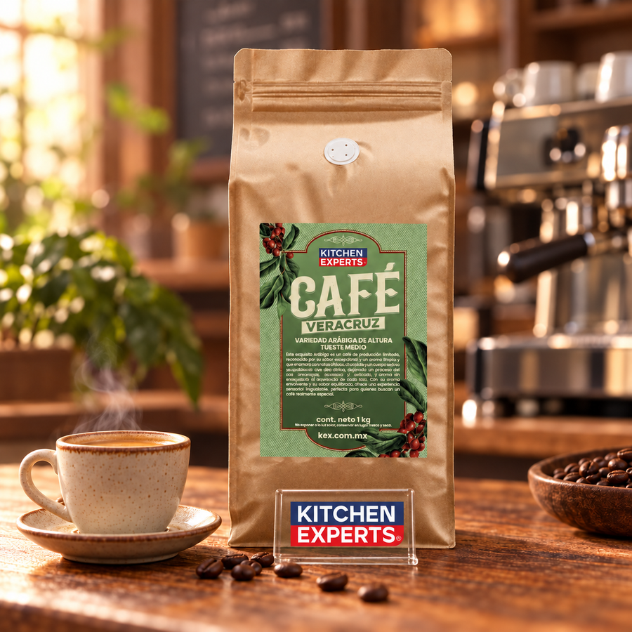 Café Veracruz 1kg | Sabor Mexicano Auténtico y Aromático en escena de cafetería con letrero KEX al centro