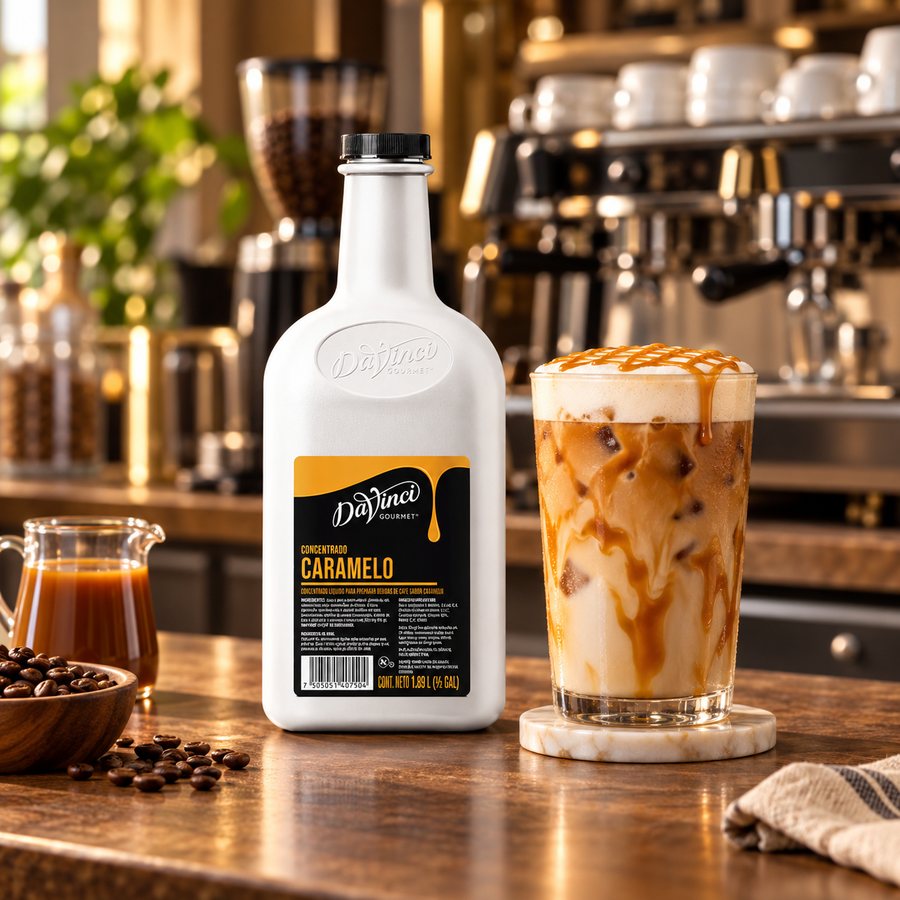 Concentrado de Café DaVinci Sabor Caramelo | 1.89 Litros en bebida preparada, imagen de ambiente KEX
