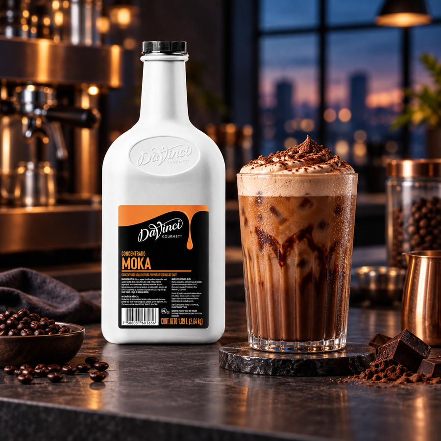 Concentrado de Café DaVinci Sabor Moka | 1.89 Litros en bebida preparada, imagen de ambiente KEX