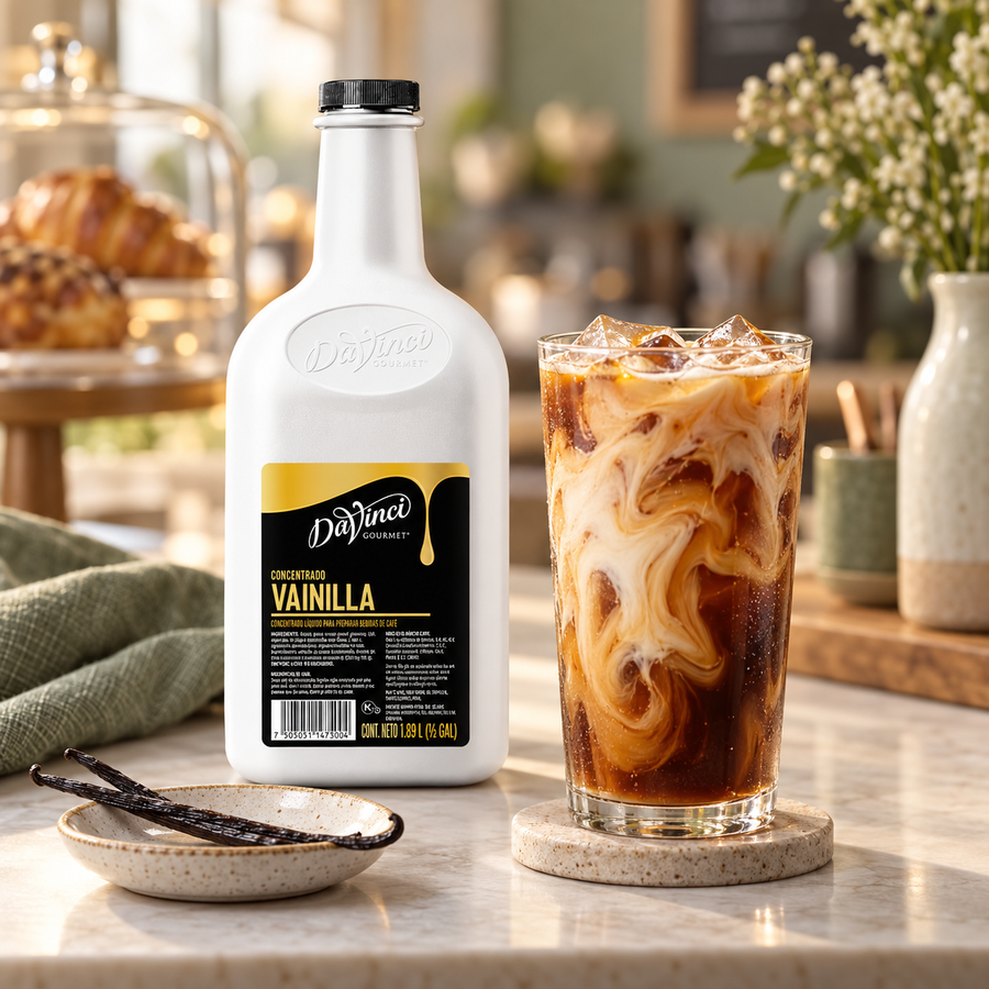 Concentrado de Café DaVinci Sabor Vainilla | 1.89 Litros en bebida preparada, imagen de ambiente KEX