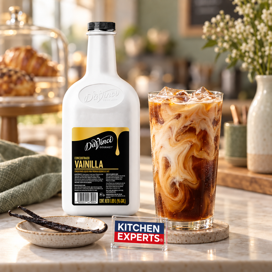 Escena promocional Concentrado de Café DaVinci Sabor Vainilla | 1.89 Litros con letrero KEX