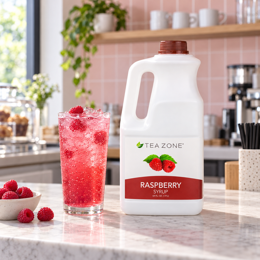 Concentrado Frambuesa Tea Zone Botella 1.9 Litros con bebida preparada en cafetería