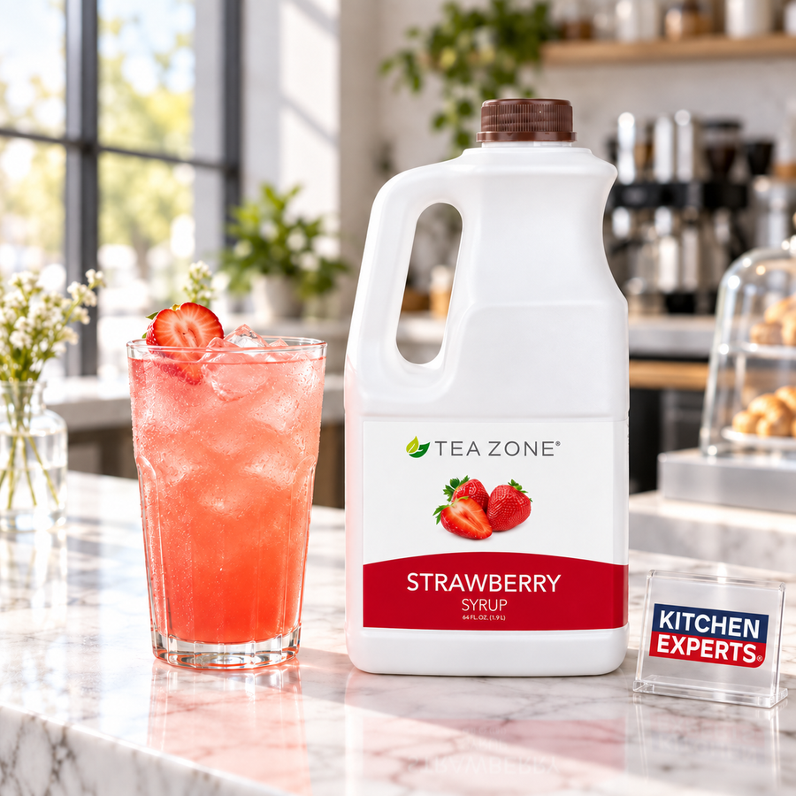 Concentrado Fresa Tea Zone Botella 1.9 Litros con bebida preparada y letrero Kitchen Experts integrado en la escena