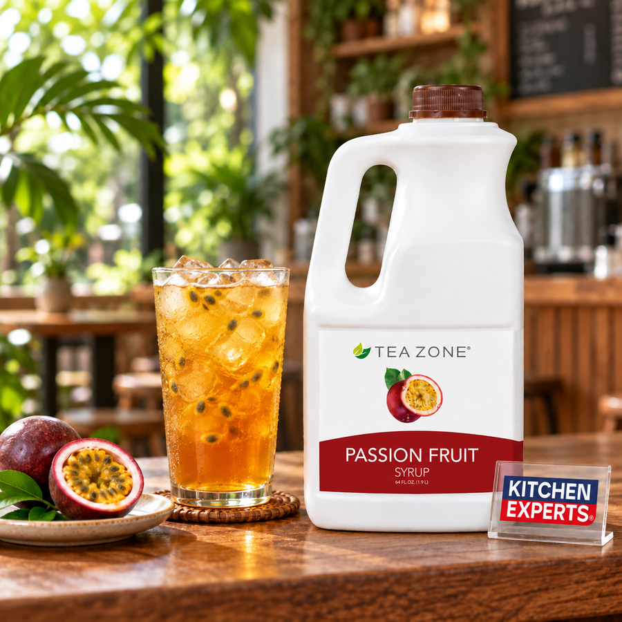Concentrado Passion Fruit Tea Zone 1.9L | Fruta de la Pasión con bebida preparada y letrero Kitchen Experts integrado en la escena