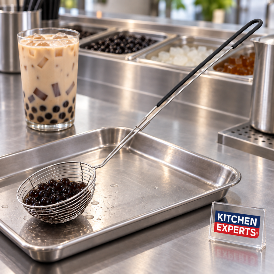 CUCHARA PROFESIONAL SCOOP PARA TAPIOCA en escena con letrero Kitchen Experts