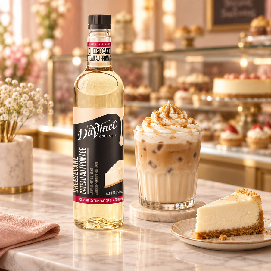 Jarabe DaVinci Cheesecake junto a una bebida preparada, imagen de ambiente KEX