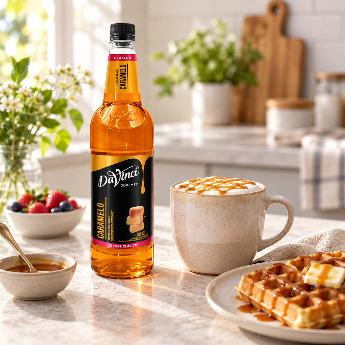 Jarabe DaVinci Caramelo junto a una bebida de café preparada, imagen de ambiente KEX