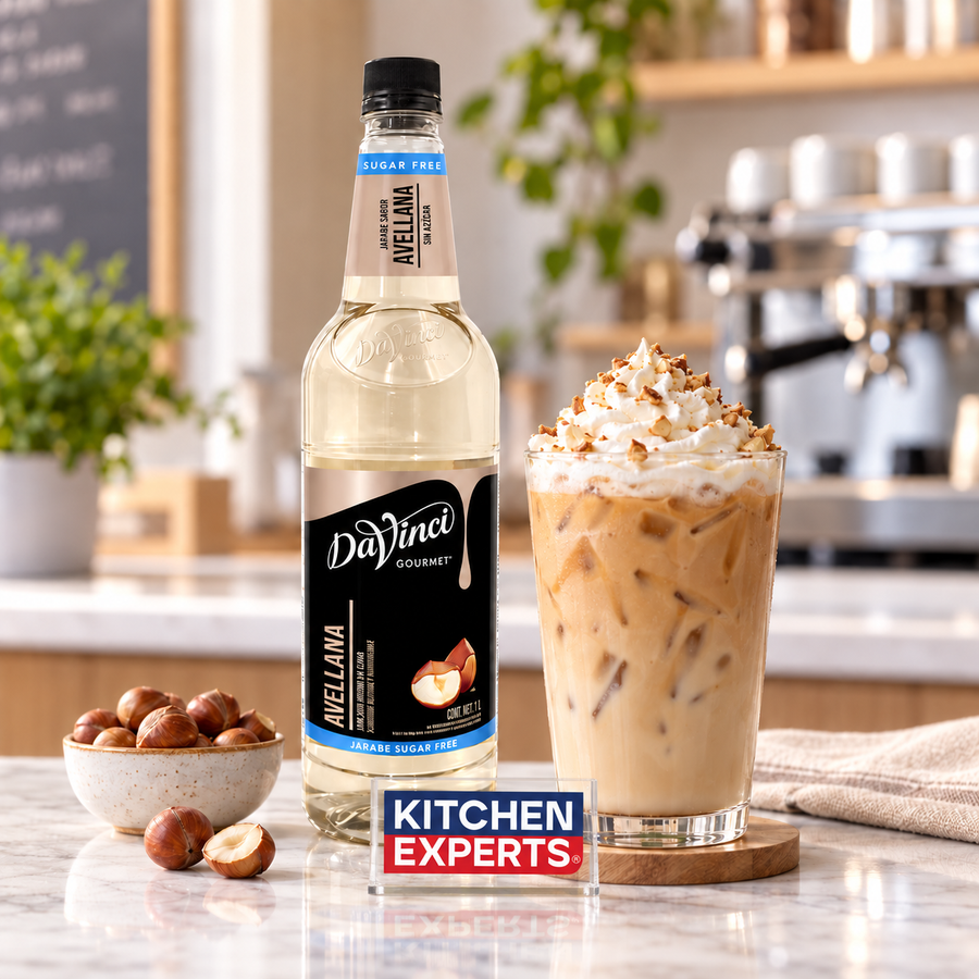 Escena promocional Jarabe DaVinci Avellana Sugar Free 1 Litro con letrero KEX