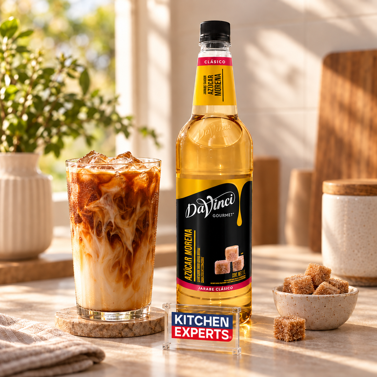 Escena promocional Jarabe DaVinci Azúcar Morena Botella 1 Litro con letrero KEX