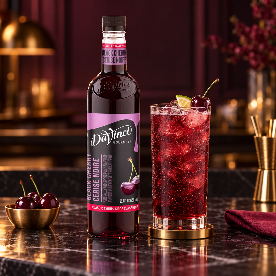 Jarabe DaVinci Black Cherry Botella 750 ml en bebida preparada, imagen de ambiente KEX
