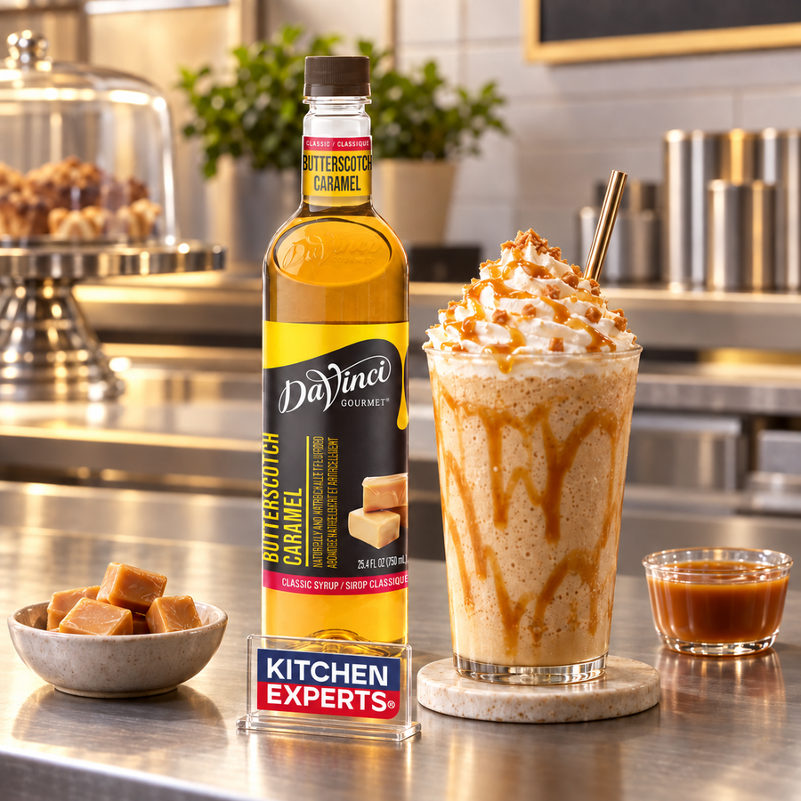 Escena promocional JARABE DAVINCI BUTTERSCOTCH BOTELLA 750 MILILITROS con letrero KEX