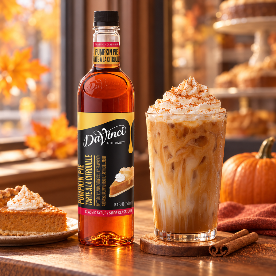 Jarabe DaVinci Calabaza Pumpkin Pie 750 Mililitros en bebida preparada, imagen de ambiente KEX