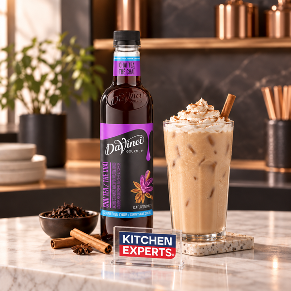 Escena promocional Jarabe DaVinci Chai Tea Sugar Free Botella 750 ml con letrero KEX