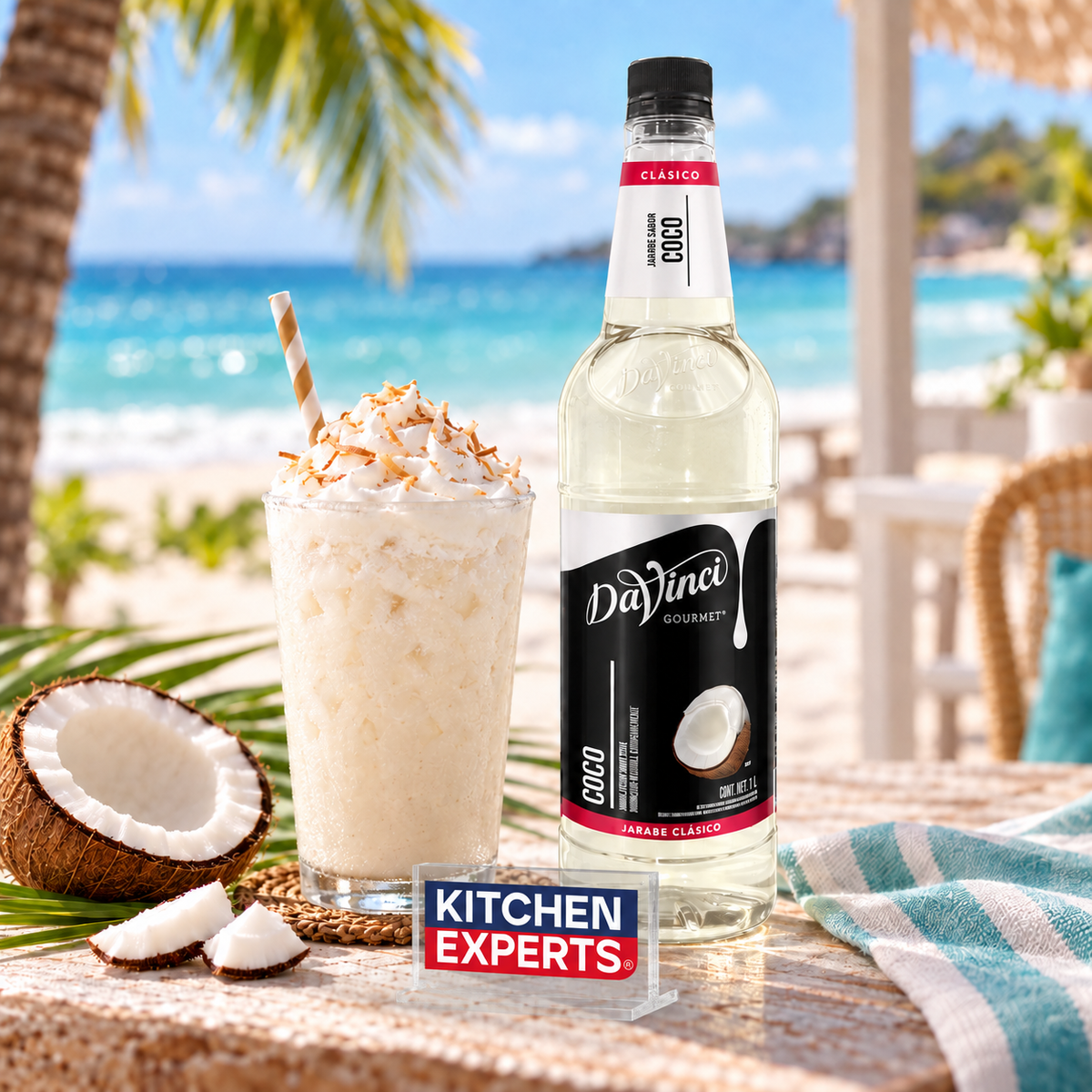 Escena promocional Jarabe DaVinci Coco Botella 1 Litro con letrero KEX