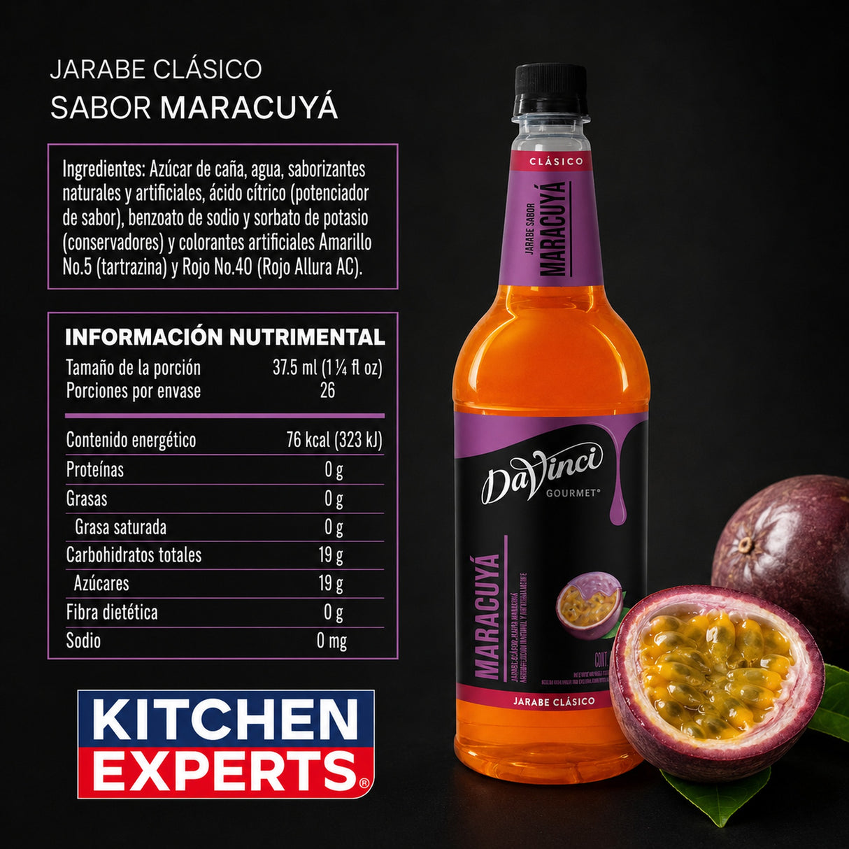 Jarabe DaVinci Maracuyá Botella 1 Litro - información nutrimental