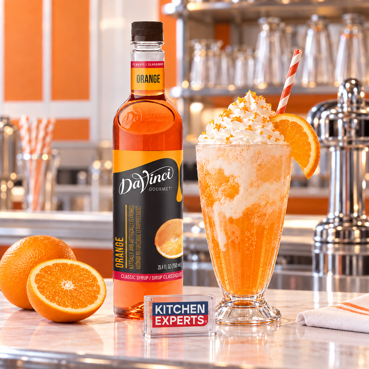 Jarabe DaVinci Orange Botella 750 Mililitros en bebida preparada con letrero Kitchen Experts integrado
