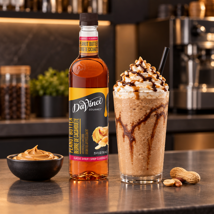 Jarabe DaVinci Peanut Butter Botella 750 ml en bebida preparada, imagen de ambiente KEX