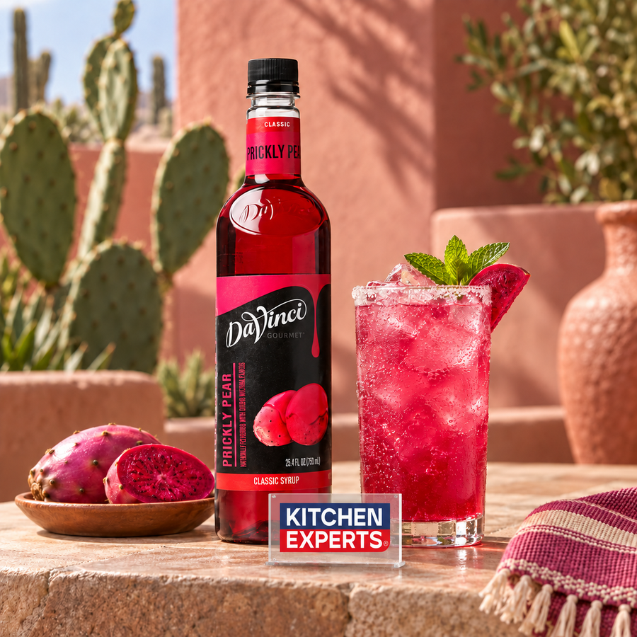 Jarabe DaVinci Prickly Pear Tuna 750 ml en escena de cafetería con letrero KEX al centro