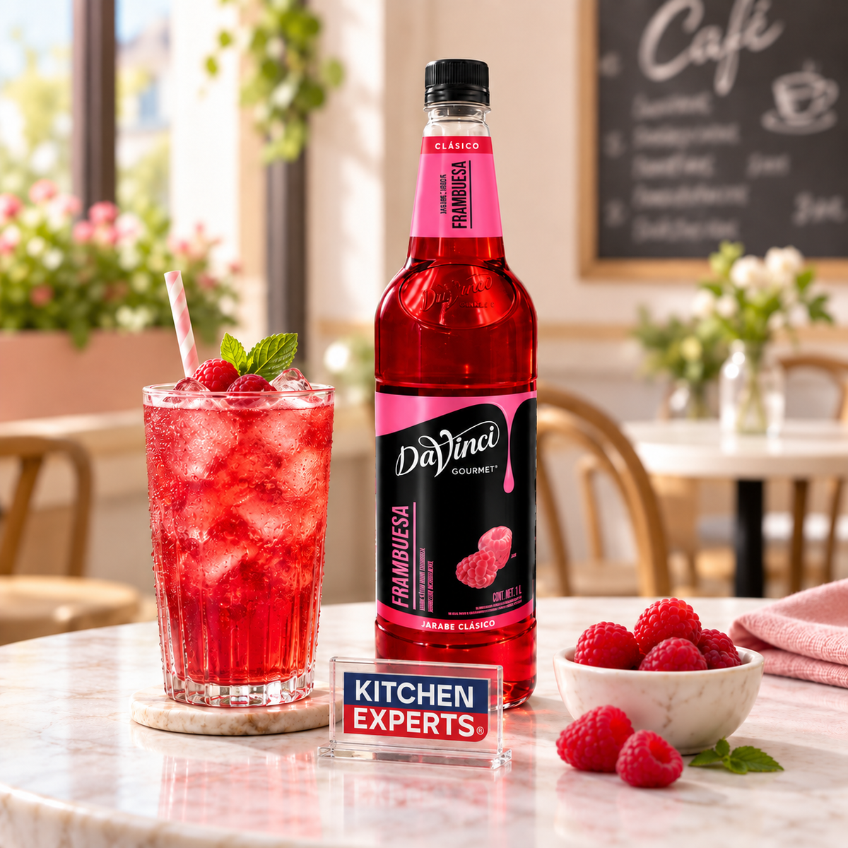 Jarabe DaVinci Raspberry Frambuesa Botella 1 Litro en bebida preparada con letrero Kitchen Experts integrado