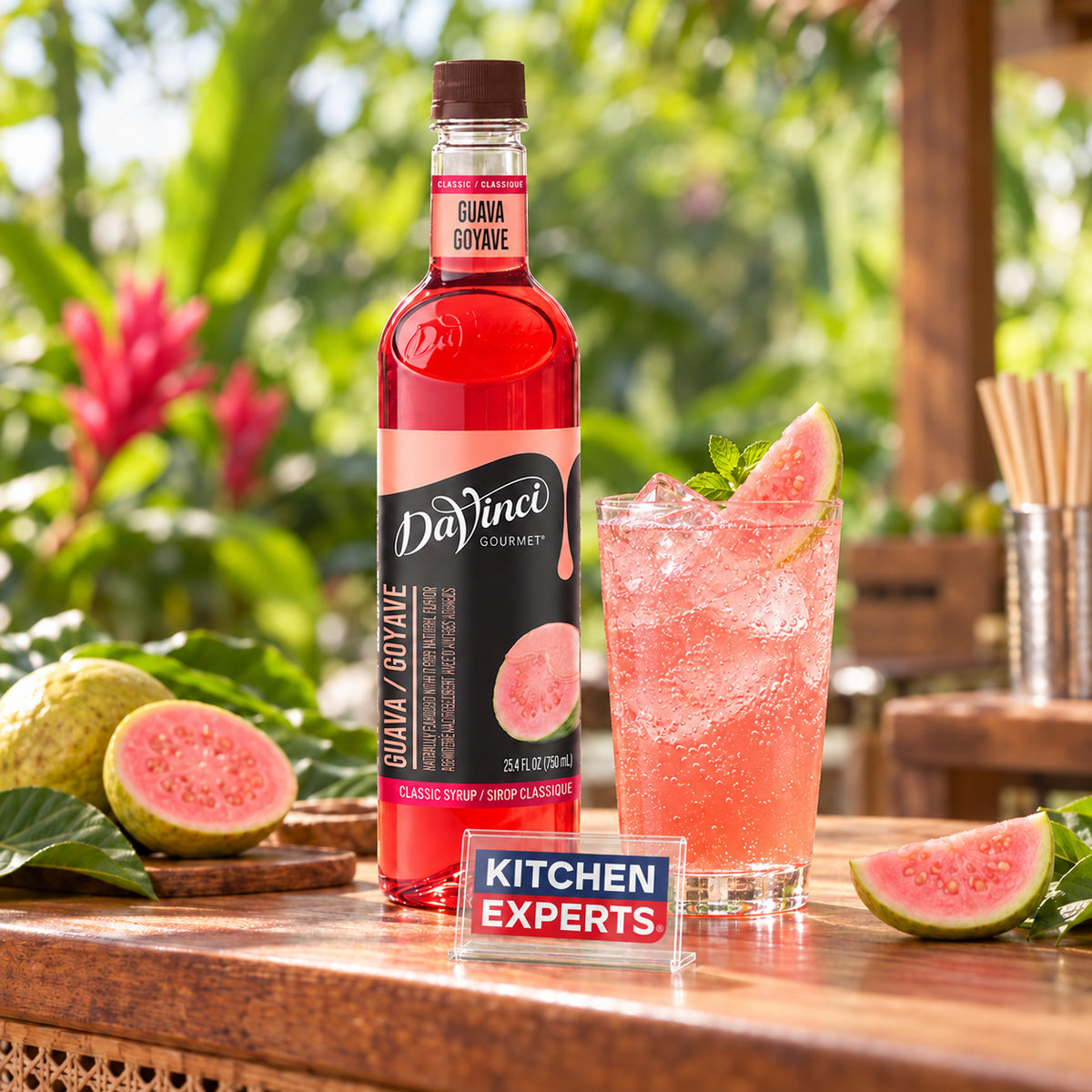 Jarabe DaVinci Sabor Guava Botella 750 ml en escena de cafetería con letrero KEX al centro