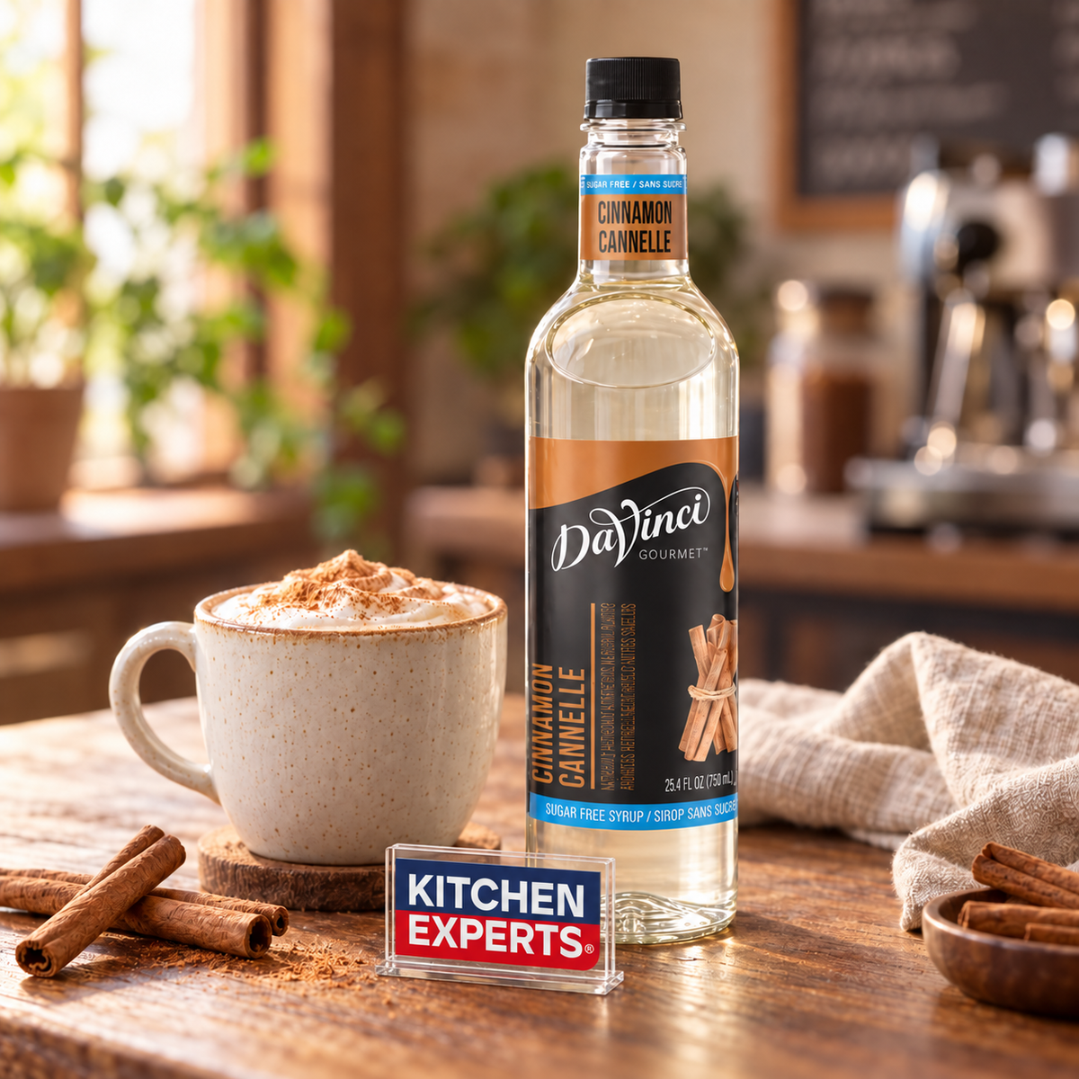 Jarabe DaVinci Sugar Free Sabor Canela Botella 750 ml en escena de cafetería con letrero KEX al centro