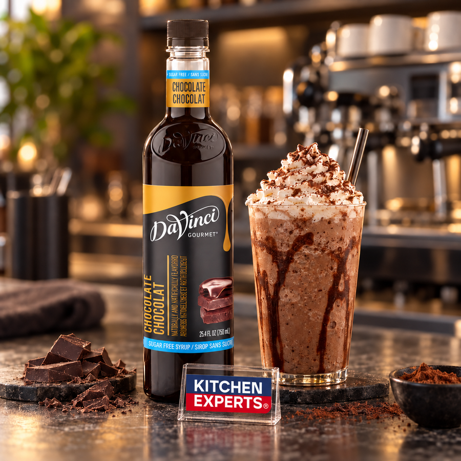 Jarabe DaVinci Sugar Free Sabor Chocolate Botella 750 ml en escena de cafetería con letrero KEX al centro