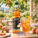 Jarabe DaVinci Sugar Free Sabor Durazno Botella 750 ml en escena de cafetería con letrero KEX al centro