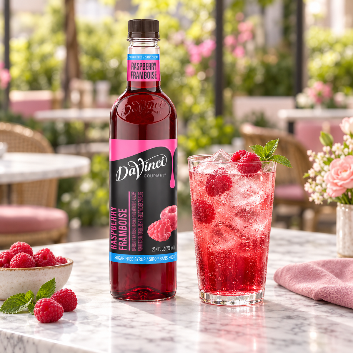 Jarabe DaVinci Sugar Free Sabor Frambuesa Botella 750 ml en bebida preparada, imagen de ambiente KEX