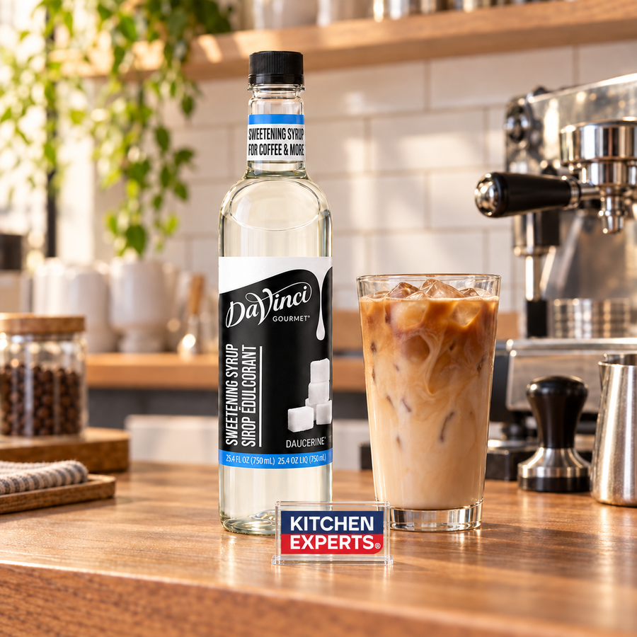 Jarabe DaVinci Sweetening Syrup Sugar Free Botella 750 ml en escena de cafetería con letrero KEX al centro