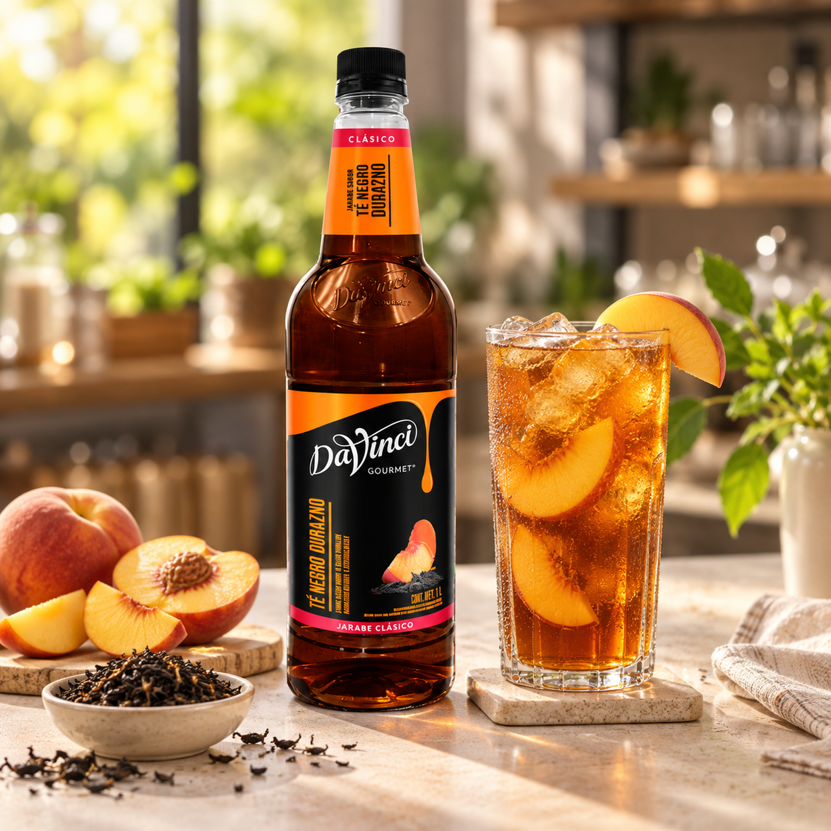 Jarabe DaVinci Té Negro Durazno Concentrado Botella 1 Litro en bebida preparada, imagen de ambiente KEX
